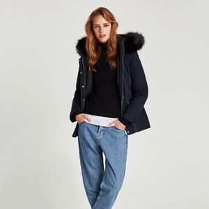 zara | dark navy puffer fur hooded winter coat